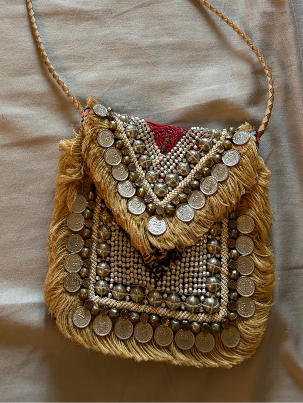 Asian designer Boho Embroidered Crossbody Bag with Coin Accents